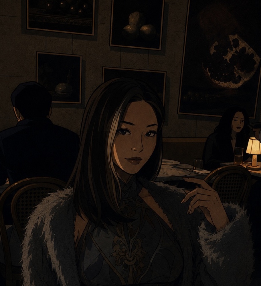 Illustrated portrait in a dark restaurant interior