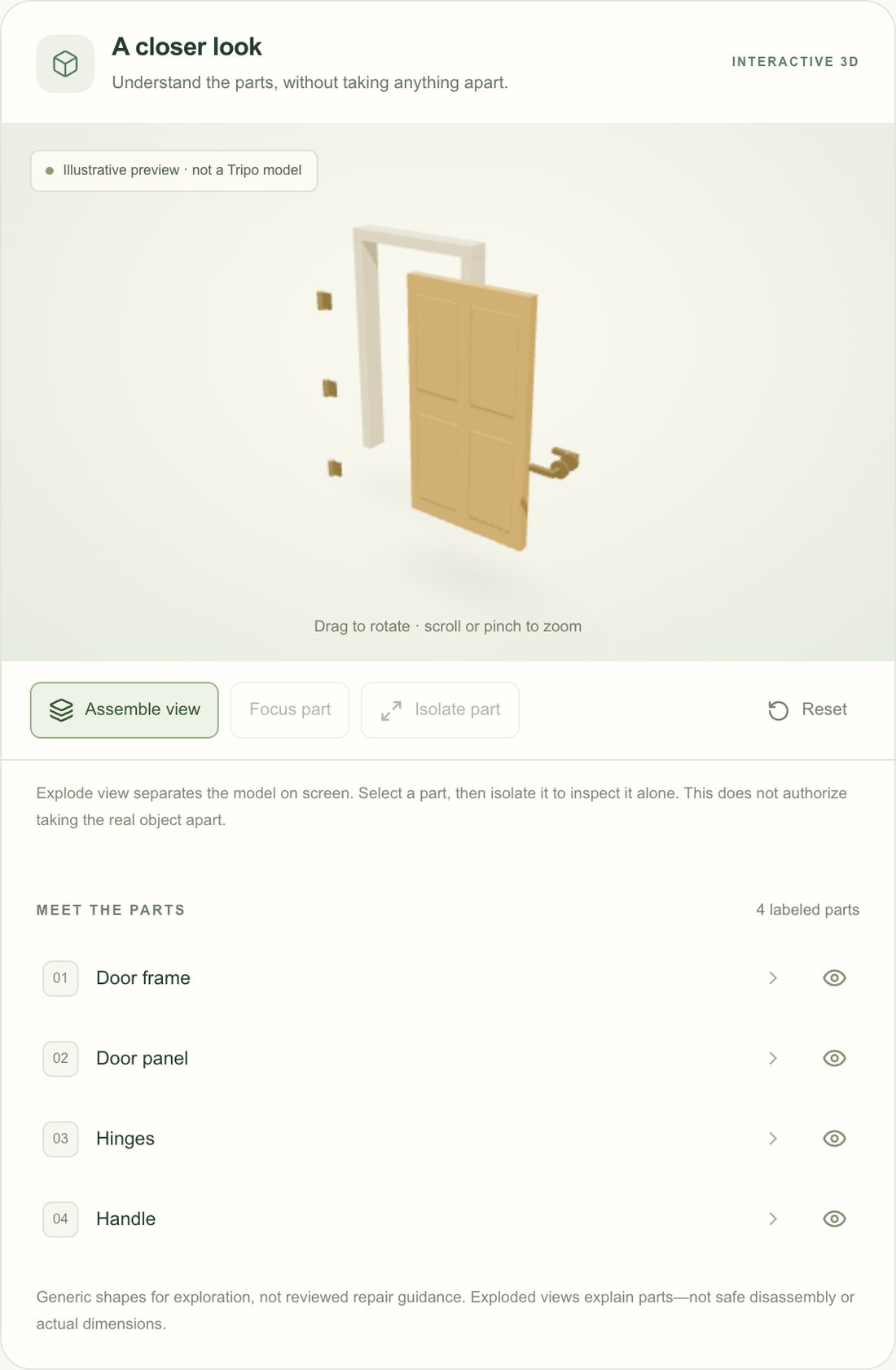 The Handyman 3D viewer with a door exploded into four labeled parts