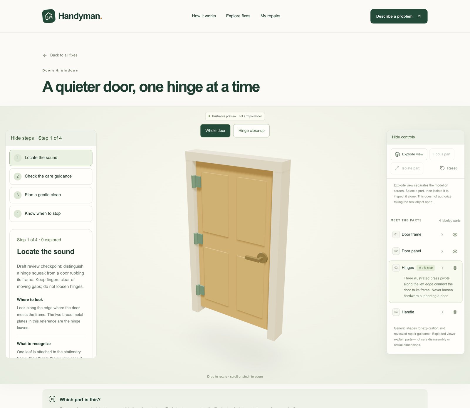 A Handyman tutorial beside an interactive 3D door